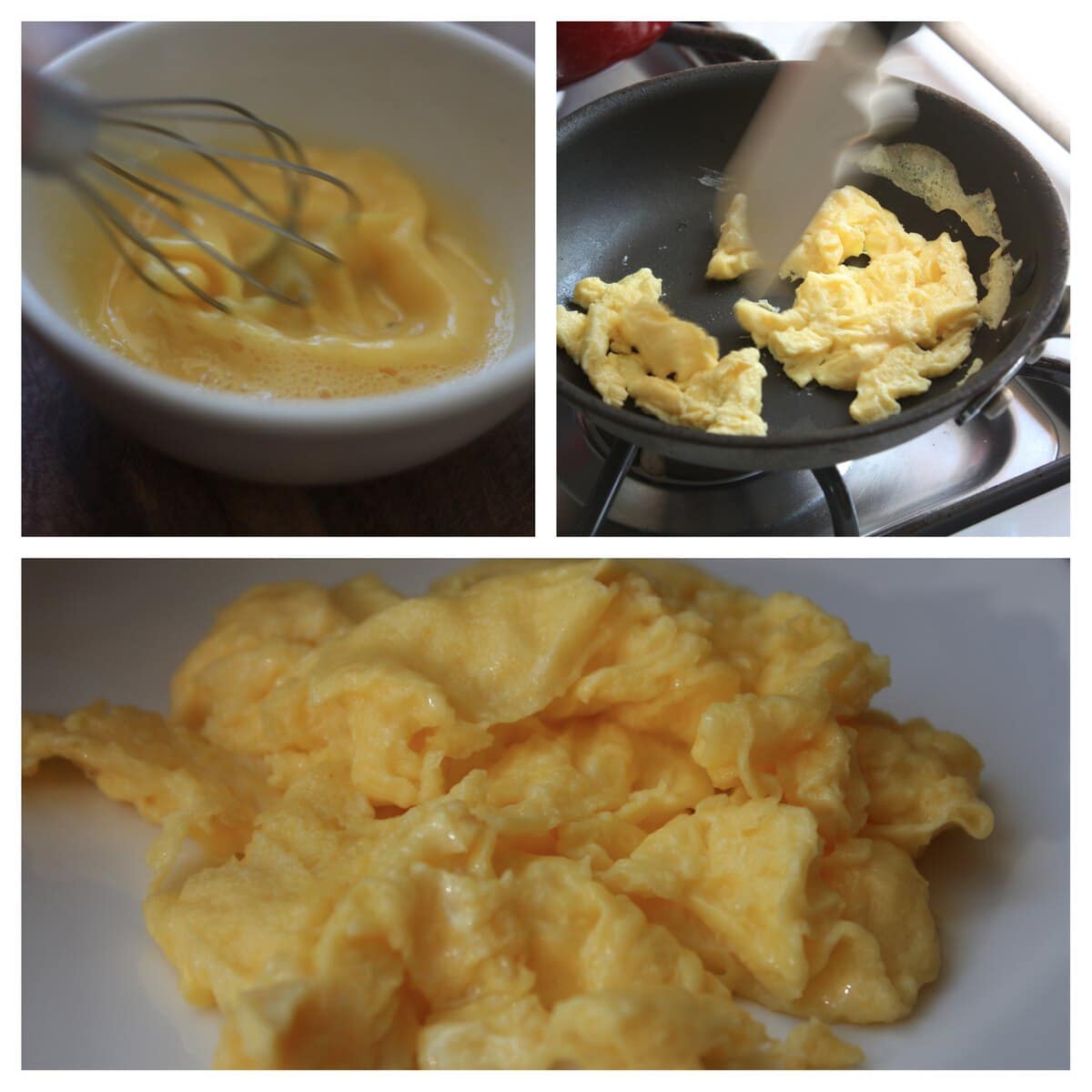 Beat Eggs With A Little Half And Half.  Heat Non-Stick Pan  And Add Some Canola Oil.  Pour Eggs Into Pan And Work With Heatproof Spatula Quickly And For The Entire Time.  Don't Walk Away From Pan Unless You Like A Hard Scrambled Egg. Remove From Heat Just Before They Are Cooked Through.